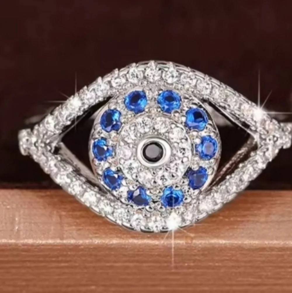 Elegant Silvery and Blue Evil Eye Ring Sz 9